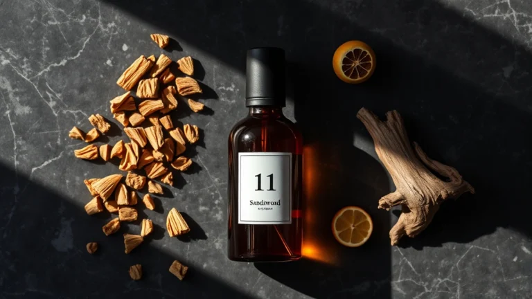 11 11 fragrance - Moody flat lay of an amber glass fragrance bottle labeled 11 11, surrounded by r