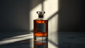 360 fragrance - Moody editorial shot of a luxury amber glass fragrance bottle with soft morning
