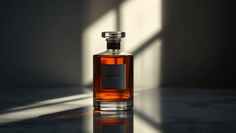 360 fragrance - Moody editorial shot of a luxury amber glass fragrance bottle with soft morning