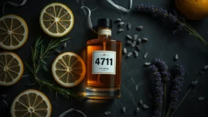 4711 cologne - Moody editorial flat lay of 4711 cologne bottle with amber glass catching soft g