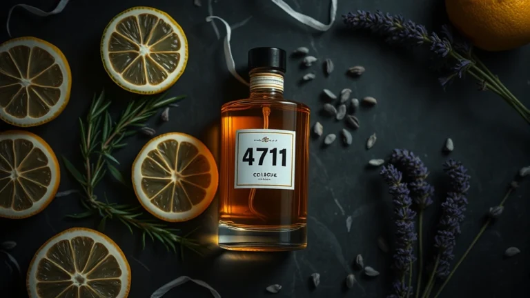 4711 cologne - Moody editorial flat lay of 4711 cologne bottle with amber glass catching soft g