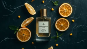 abercrombie and fitch cologne - Moody flat lay of Abercrombie and Fitch Cologne bottle with fresh citrus fruit s