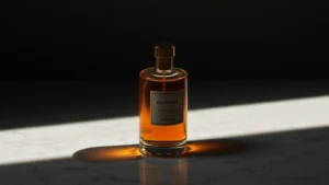 abercrombie & fitch cologne - Moody editorial fragrance photography of amber glass cologne bottle, soft shadow