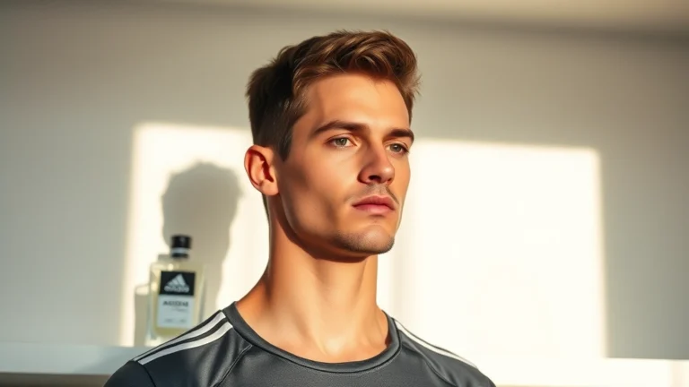 adidas cologne - Athletic young man wearing Adidas cologne bottle displayed on minimalist shelf w
