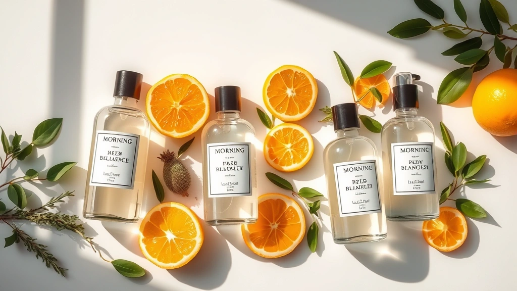 9am cologne - 
Flat lay of morning cologne bottles with bright citrus fruits, green herbs, and