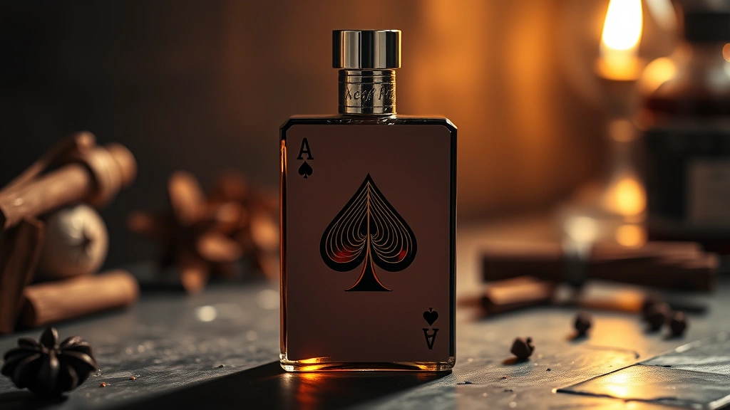 ace of spades cologne - 
Close-up of ace of spades cologne bottle with amber liquid catching light, wood