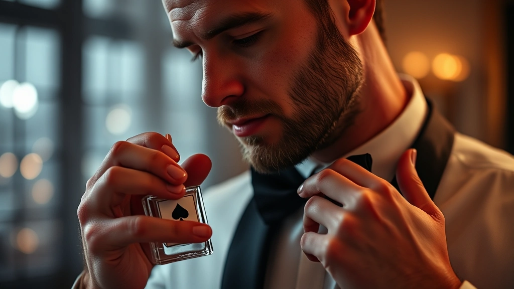 ace of spades cologne - 
Man applying ace of spades cologne at pulse points before evening event, showin
