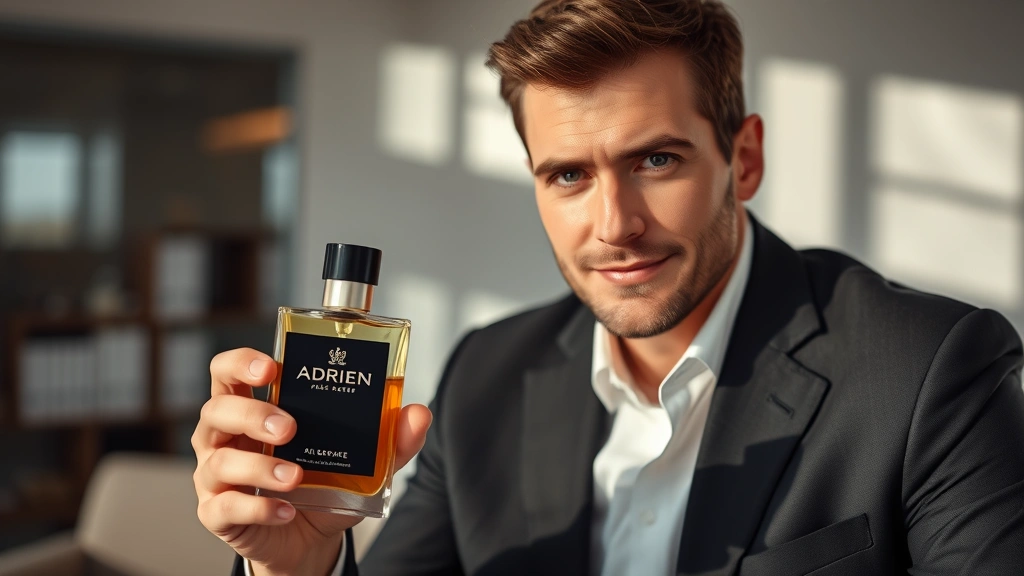adrien the fragrance - 
Man wearing Adrien fragrance in professional office setting, confident expressi