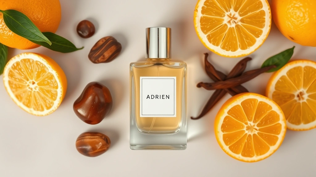 adrien the fragrance - 
Flat lay of Adrien fragrance bottle surrounded by citrus fruits, amber stones, 