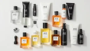ae fragrance - Flat lay of AE fragrance bottles arranged by season with complementary grooming
