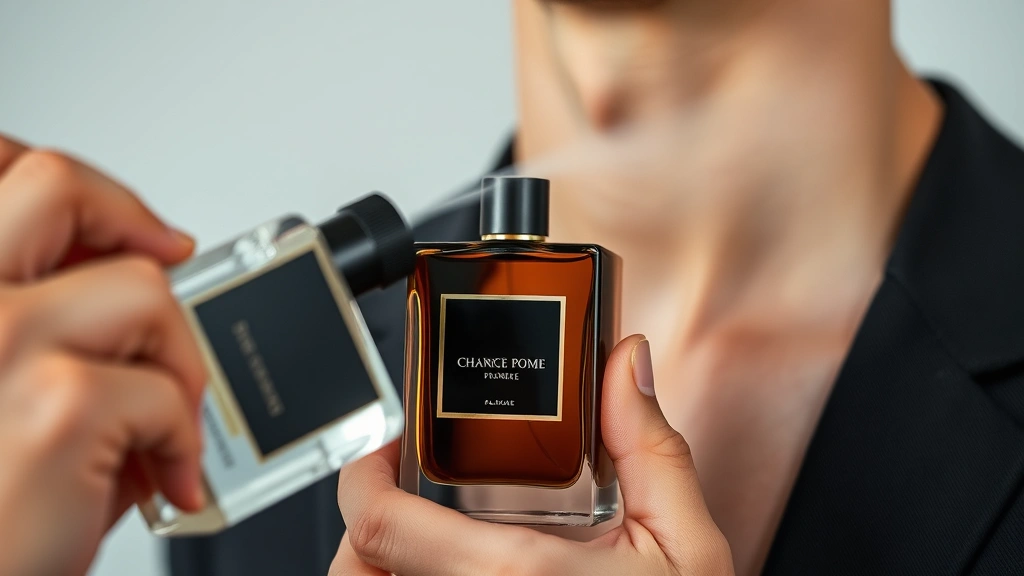 after dark cologne - 
Close-up of cologne bottle being sprayed on pulse points—wrist and neck—showing