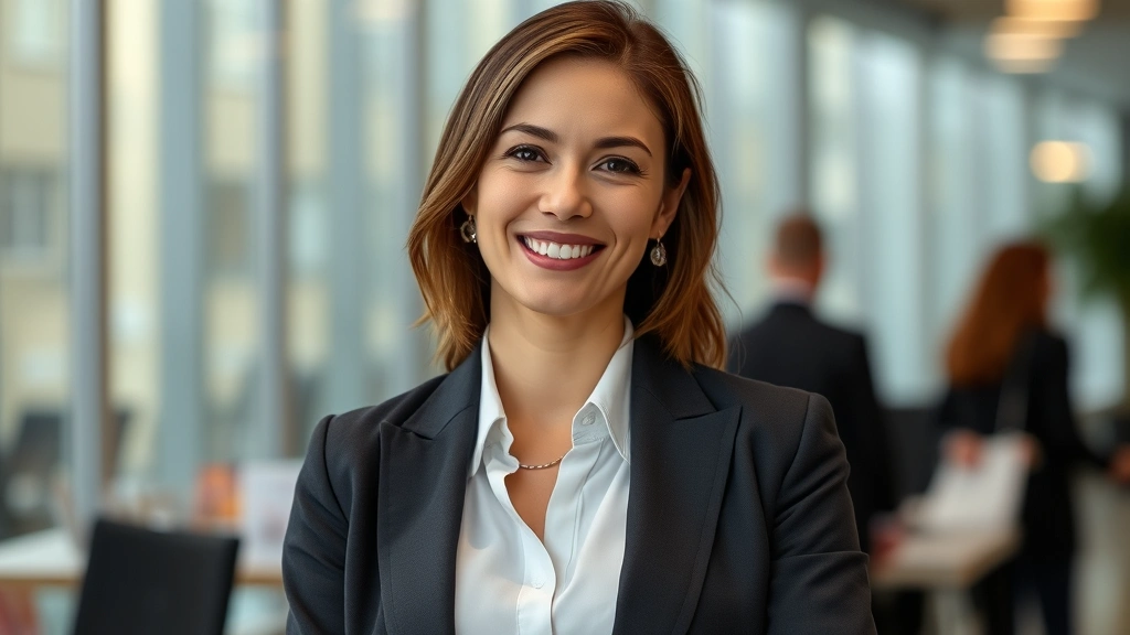 aldehyde fragrance - 
Professional woman in a blazer at work smiling confidently, with subtle fragran