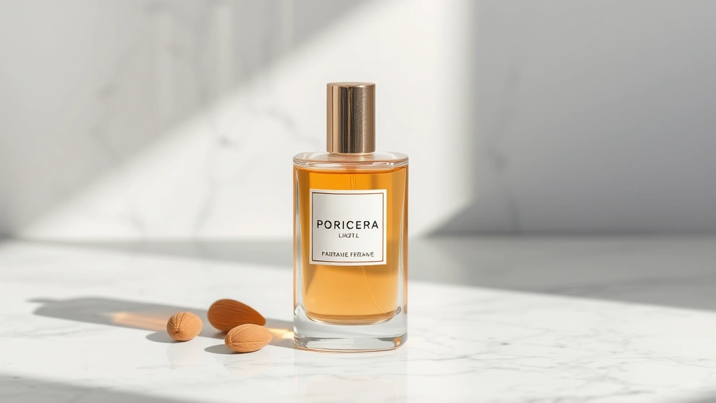 almond fragrance perfume - 
Fragrance bottle with almond-colored liquid displayed on marble surface with so