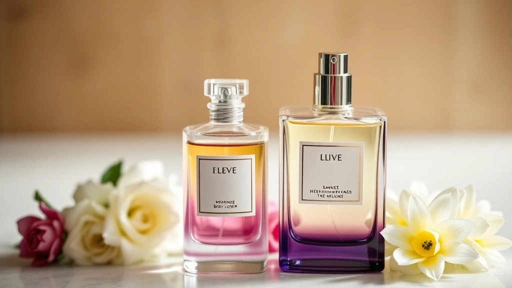 almond fragrance perfume - 
Layered fragrance products including body lotion and perfume bottle arranged to