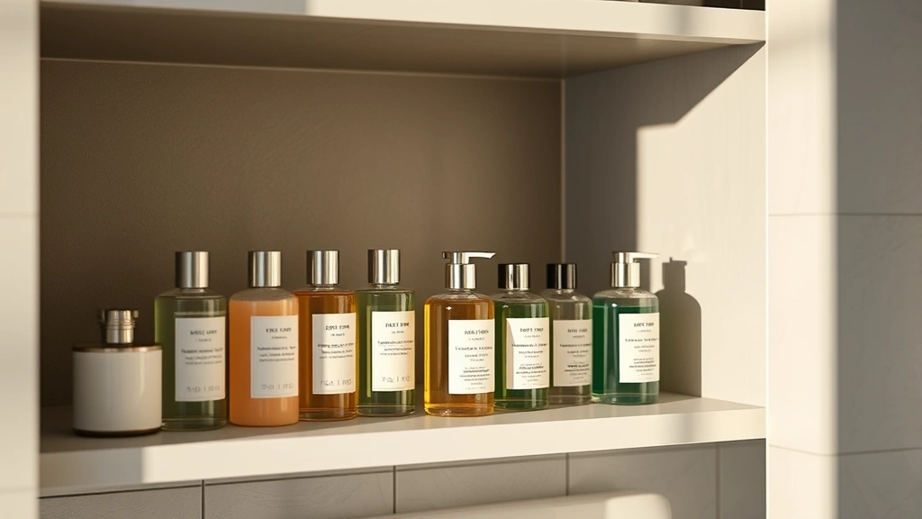 almond fragrance perfume - 
Bathroom shelf with fragrance bottles stored in cool dark space away from sunli