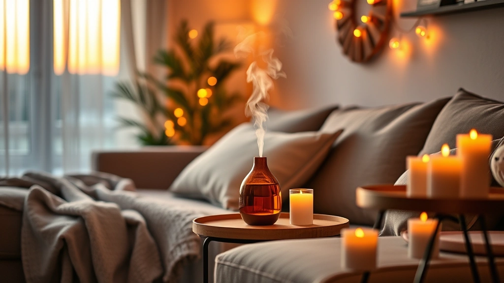 amber fragrance oil -
Cozy living room scene at dusk with warm lighting, amber fragrance oil diffuser