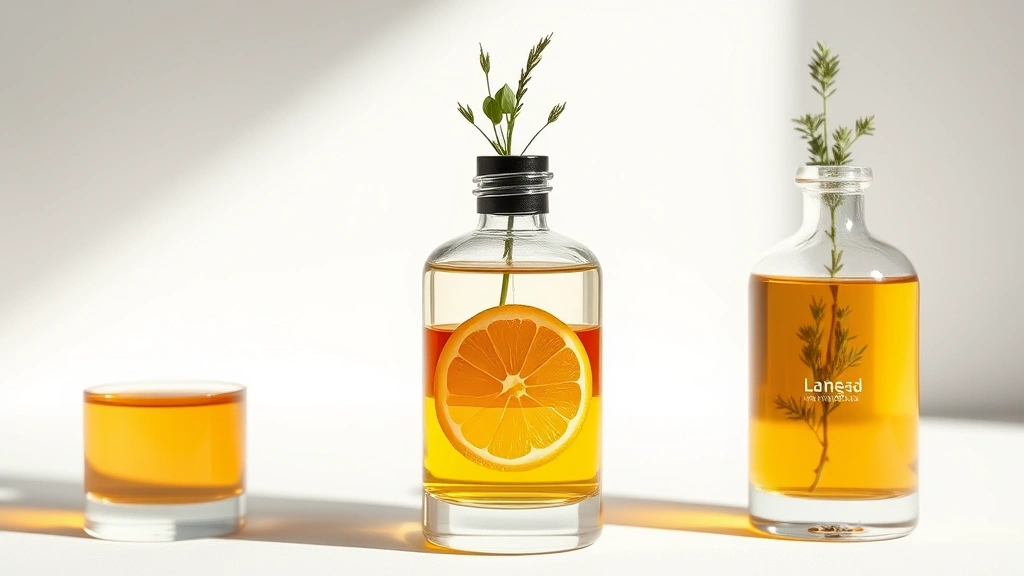 amber fragrance perfume - 
Layered fragrance bottles showing amber base, citrus middle layer, and herbal t