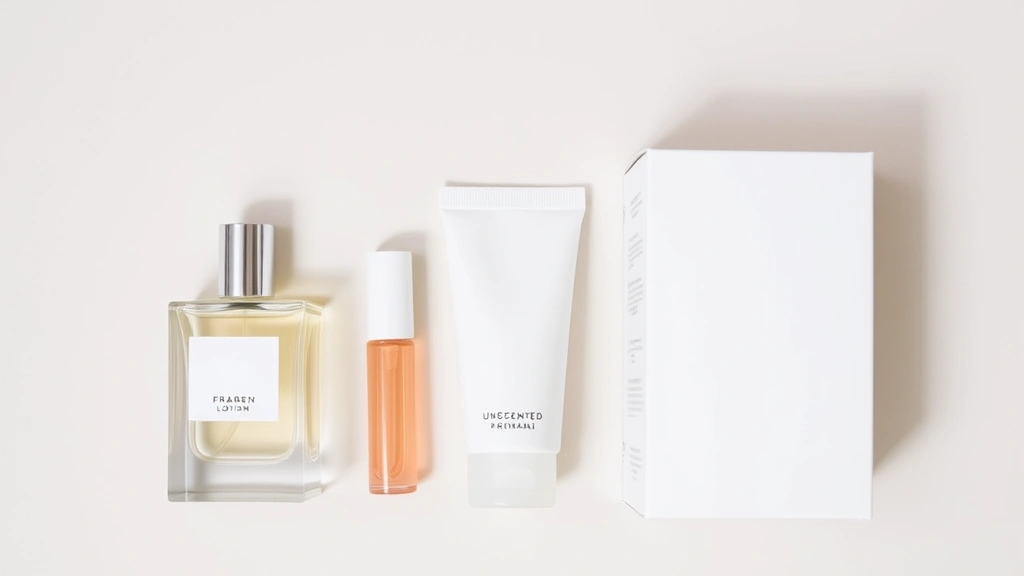 amber musk fragrance - 
Flat lay of fragrance bottle, unscented lotion, travel atomizer, and storage bo