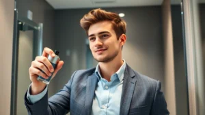 american eagle cologne - A young man in business casual attire spraying American Eagle cologne in a moder