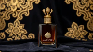 amouage fragrances - Luxury Amouage fragrance bottle with ornate golden cap on dark velvet background