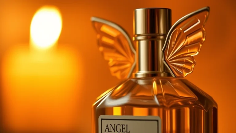 angel cologne for women - Close-up of angel cologne for women bottle with soft warm lighting and amber-col