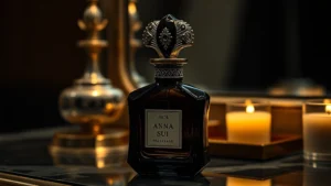 anna sui fragrance - Anna Sui fragrance bottle with dark glass and ornate art deco cap displayed on a