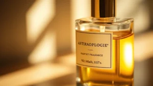 anthropologie fragrance - Close-up of Anthropologie fragrance bottle with warm, natural lighting showing t