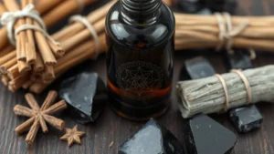anti spell fragrance - Close-up of dark glass fragrance bottle with protective symbols etched into the
