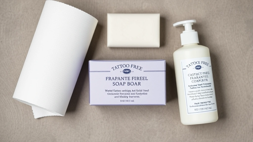 antibacterial fragrance free soap for tattoos -
Flat lay of fragrance-free antibacterial soap bar, clean paper towels, and frag