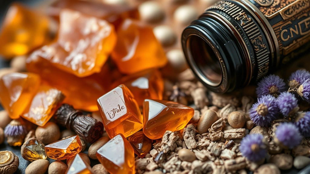 arab fragrances -
Close-up of oud wood resin and precious fragrance ingredients arranged artfully