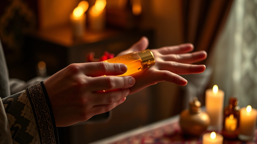 arab fragrances -
Person applying arab fragrance to pulse point on wrist, warm lighting emphasizi