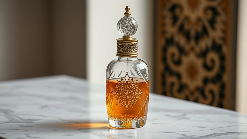arabic fragrances for men - 
Arabic fragrance bottle with traditional design elements, amber liquid visible,