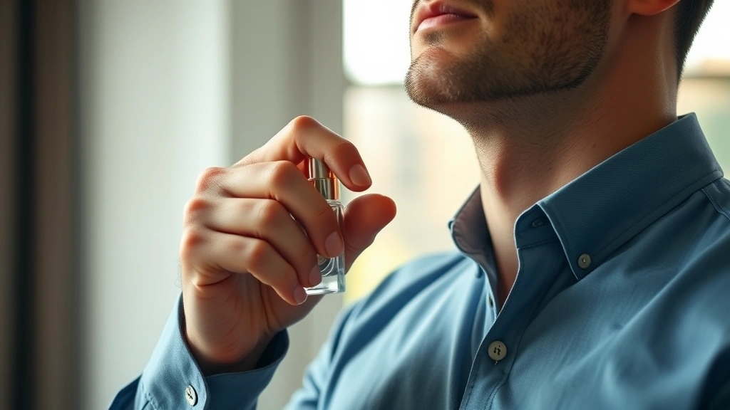 arabic fragrances for men - 
Man applying fragrance to neck pulse point, morning light, professional groomin