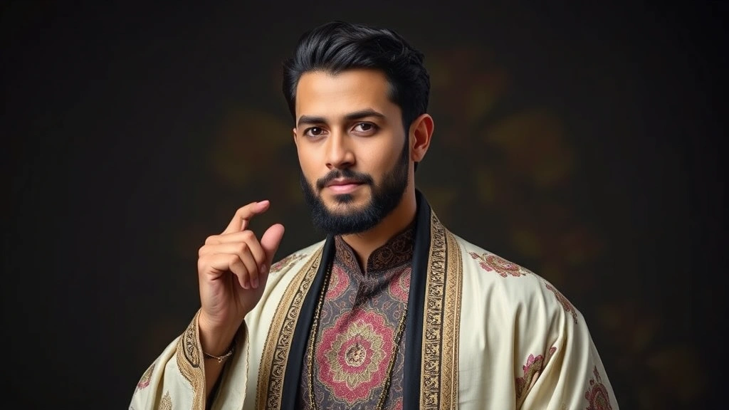 arabic fragrances for men - 
Man wearing traditional and modern hybrid outfit, confident expression, suggest