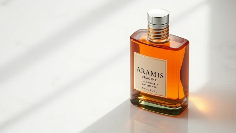 aramis cologne men - Bottle of Aramis Cologne with amber liquid catching warm light, minimalist styli