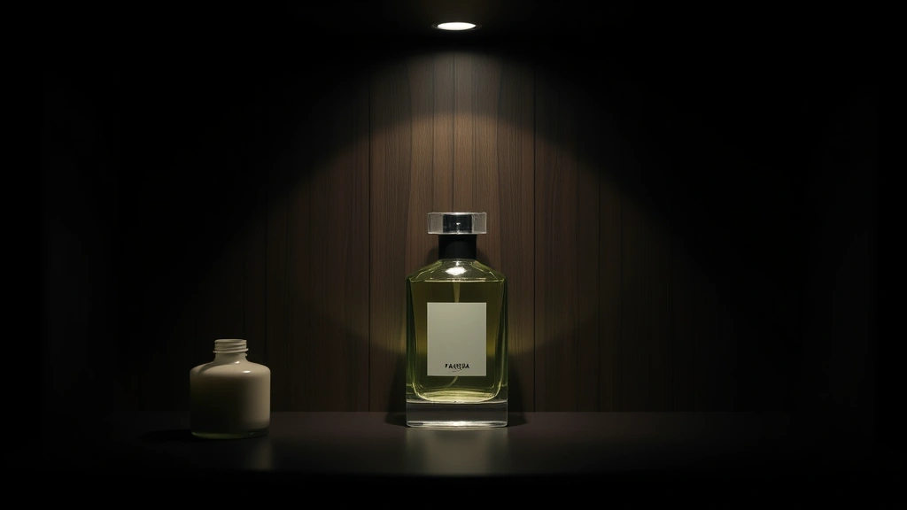 ari fragrance - 
Flat lay of fragrance bottle in cool dark storage space with soft ambient light