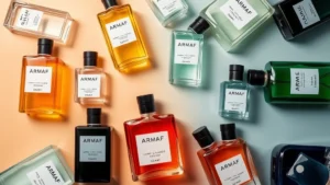 armaf cologne - Flat lay of multiple Armaf cologne bottles arranged by color from light to dark,