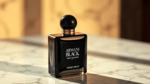 armani black cologne - Close-up of Armani Black Cologne bottle on marble surface with warm lighting, sh