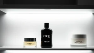 armani code fragrance - Minimalist bathroom shelf with Armani Code bottle in cool lighting, next to unsc