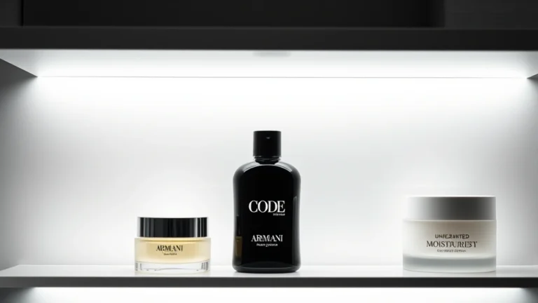 armani code fragrance - Minimalist bathroom shelf with Armani Code bottle in cool lighting, next to unsc