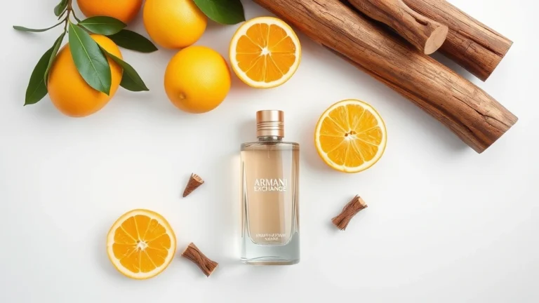 armani exchange cologne - Fresh citrus fruits and cedarwood logs arranged on minimalist white surface with