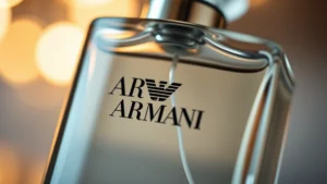 armani fragrance for him - Close-up of Armani fragrance bottle with soft, warm lighting emphasizing the gla