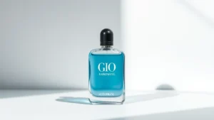 armani gio cologne - Armani Gio Cologne bottle on minimalist white background with soft natural light