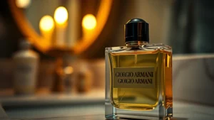 armani women's fragrance - Close-up of Giorgio Armani fragrance bottle with warm golden lighting and soft f