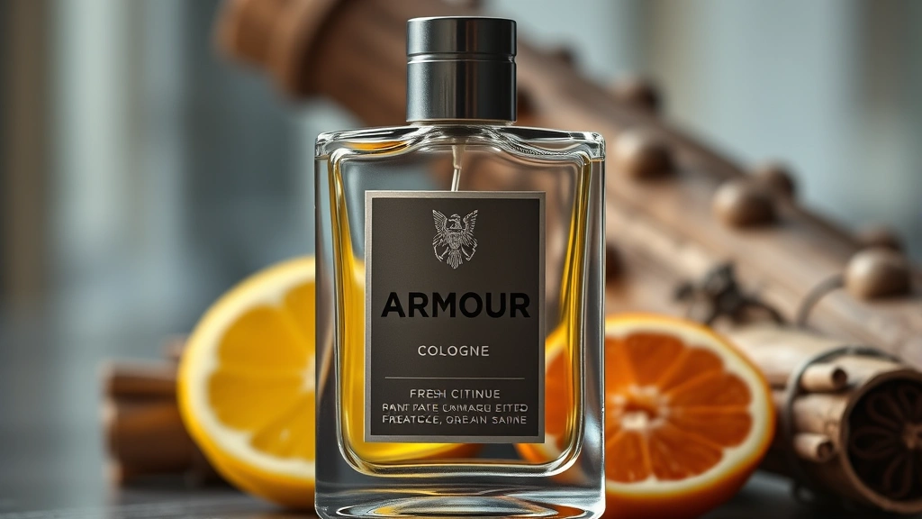 armour cologne - 
Close-up of armour cologne bottle with fresh citrus fruits and cedarwood in bac