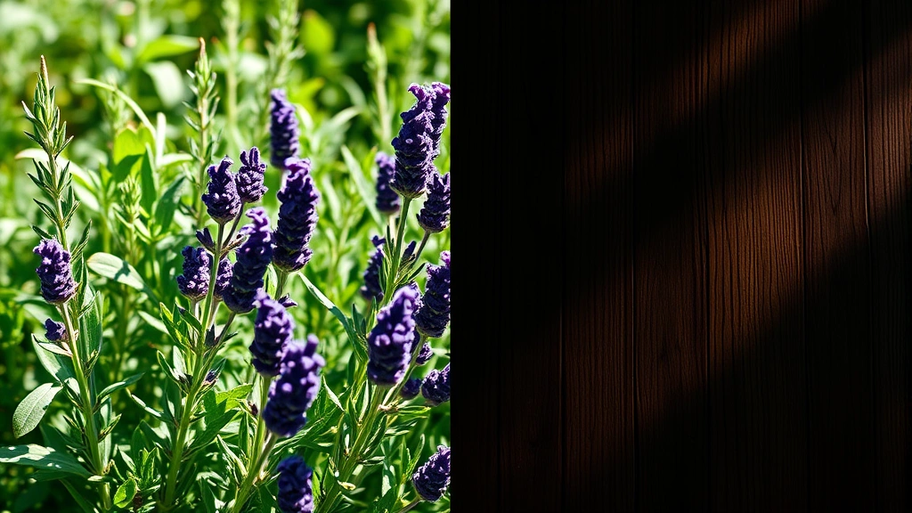 aromatic woody men's fragrances - 
Split-screen: left side shows fresh green herbs (sage, rosemary, lavender) in b