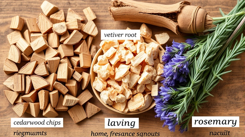 aromatic woody men's fragrances - 
Ingredient showcase: cedarwood chips, vetiver root, lavender sprigs, and rosema