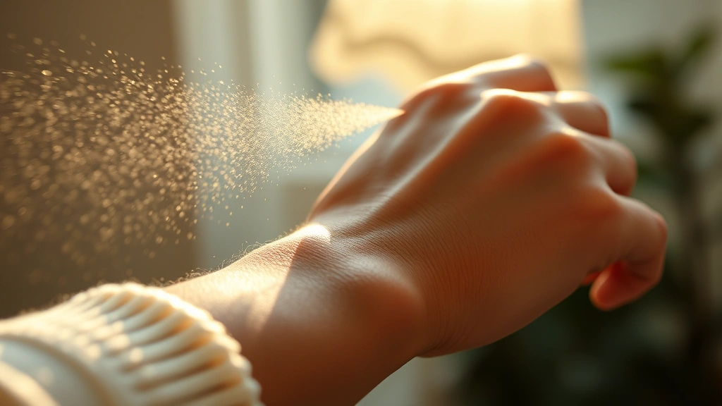 arvella fragrance - 
Close-up of fragrance spraying on wrist with morning light, showing application