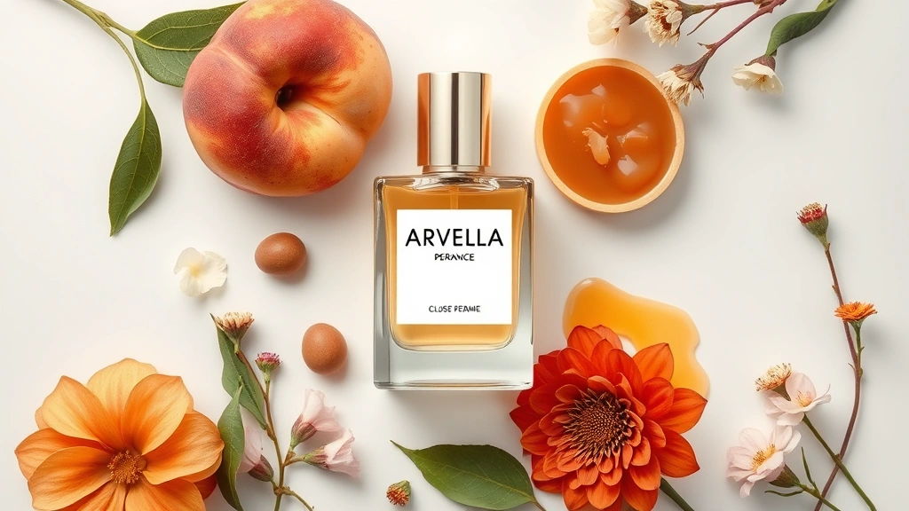 arvella fragrance - 
Flat lay of Arvella fragrance surrounded by complementary items like peach, car