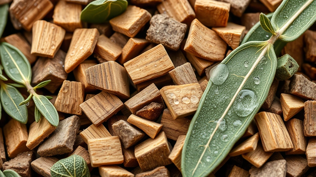 aspen fragrance - 
Close-up of fresh cedarwood chips and sage leaves arranged artfully with water 